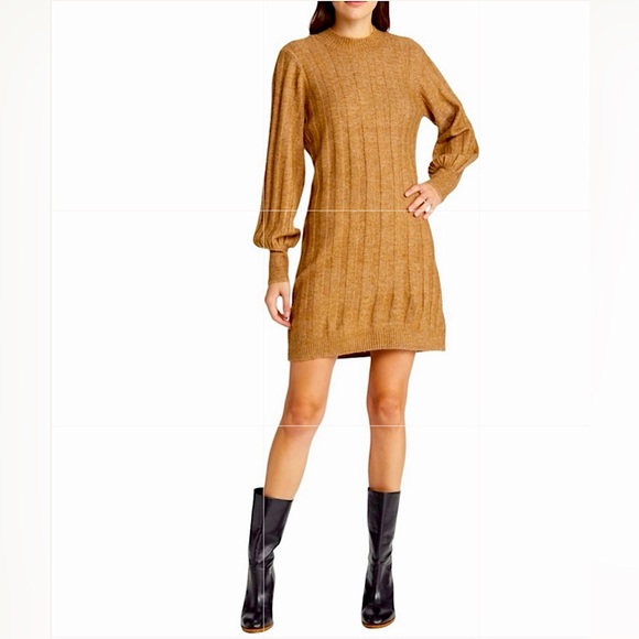 NWT VERO MODA Long Sleeve High Neck Ribbed Alanis Short Dress Tigers Eye XS - Picture 1 of 12